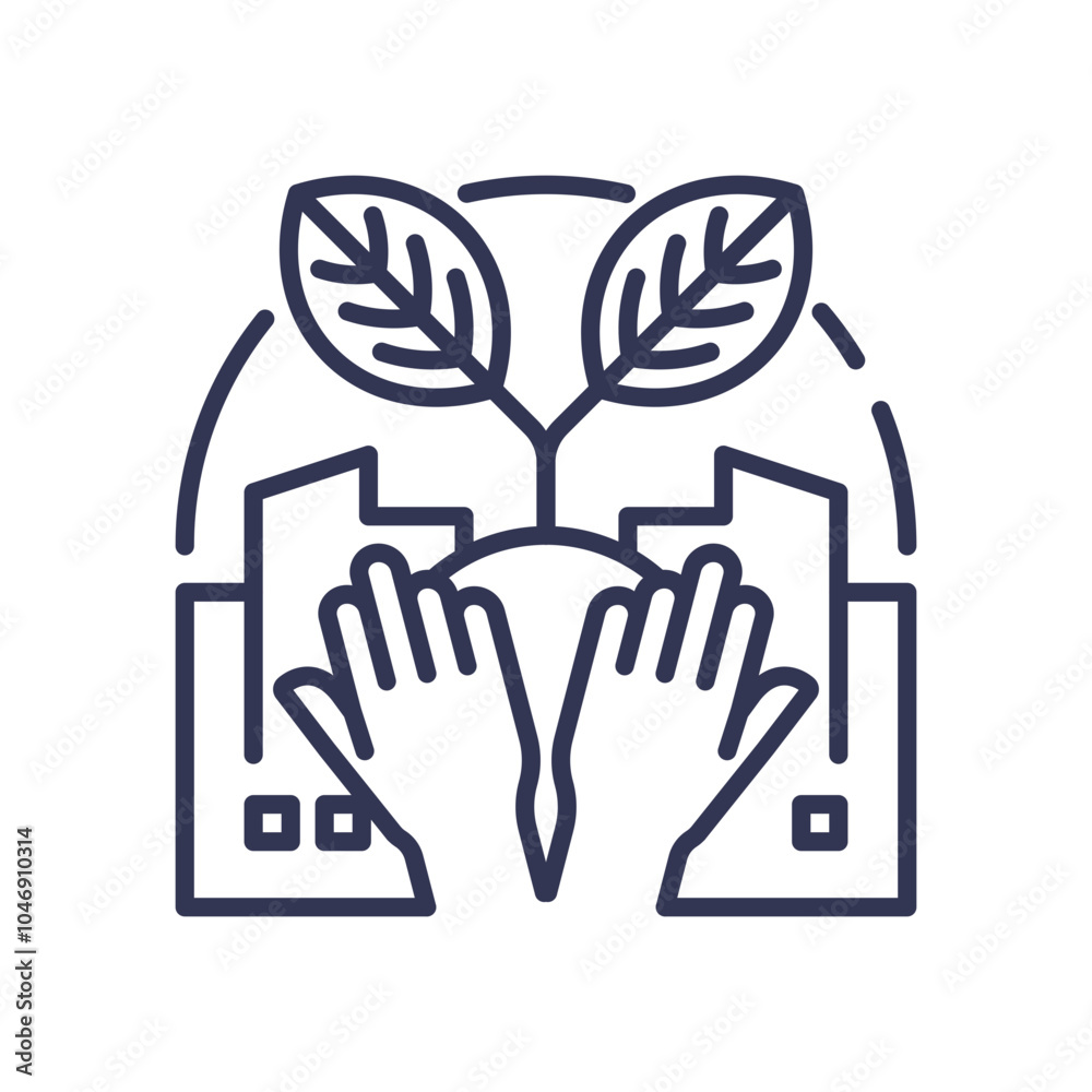 Fototapeta premium Hands nurturing a plant over buildings, symbolizing sustainable urban growth.