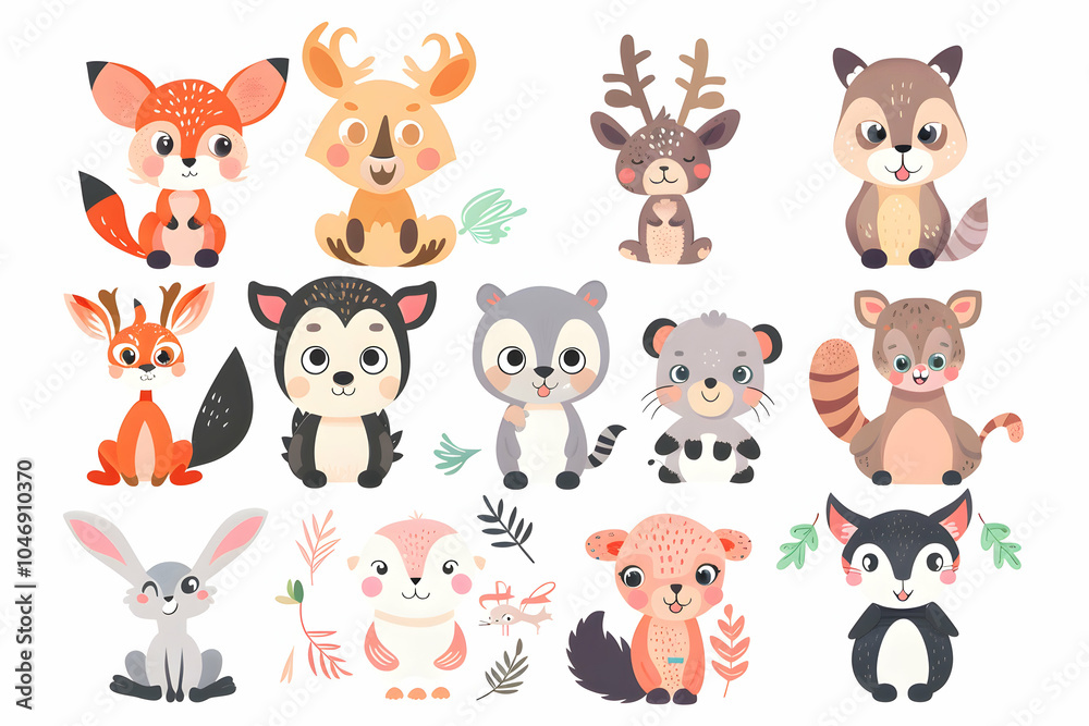 Cute cartoon animals, including a deer, fox, wolf, rabbit, raccoon, squirrel, and more, in various poses and expressions. Cute cartoon animals, including a deer, fox, wolf, rabbit, raccoon, squirrel, and more, in various poses and expressions.
