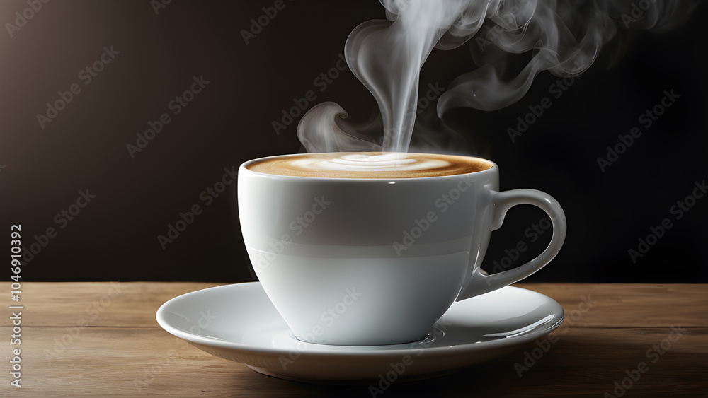 Cup of coffee on wooden table with smoke on dark background. Cup of coffee on wooden table with smoke on dark background.