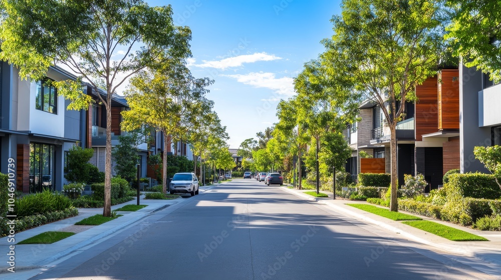 Serene Modern Housing Estate with Tree-Lined Sidewalks and Pristine Streets Serene Modern Housing Estate with Tree-Lined Sidewalks and Pristine Streets