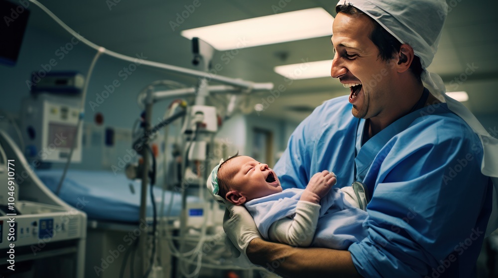 a doctor celebrating with a newborn baby and its parents after a successful delivery, a doctor celebrating with a newborn baby and its parents after a successful delivery,