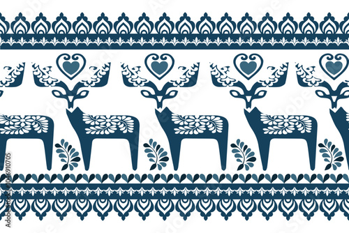 A charming pattern with stylized deer and decorative elements in blue, ideal for holiday-themed projects, textiles, and gift wrapping.