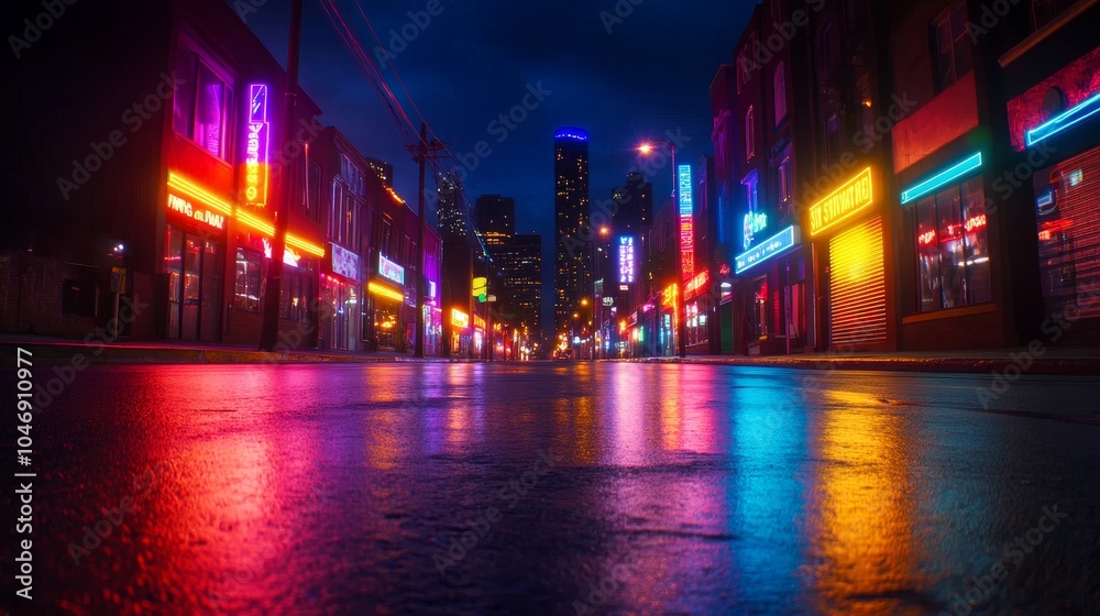 Vibrant neon sign casting a colorful glow over a street of dull storefronts, creating a welcoming focal point in the urban night. neon glow, city light Vibrant neon sign casting a colorful glow over a street of dull storefronts, creating a welcoming focal point in the urban night. neon glow, city light