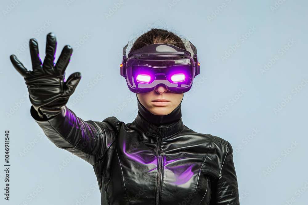 Woman wearing glowing virtual reality goggles gesticulating in a studio Woman wearing glowing virtual reality goggles gesticulating in a studio
