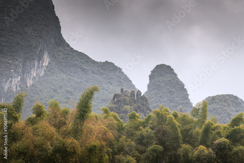 Autumn scenery of Xingping Mountain, Yangshuo, Guilin, Guangxi, China. Blue sky with copy space for text photo