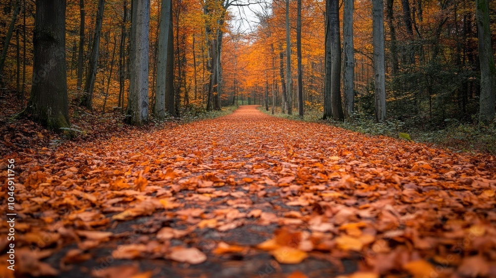 Naklejka premium Forest path with a soft carpet of leaves