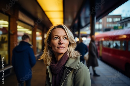 Portrait of a beautiful woman with blond hair in a coat and scarf at the train station.