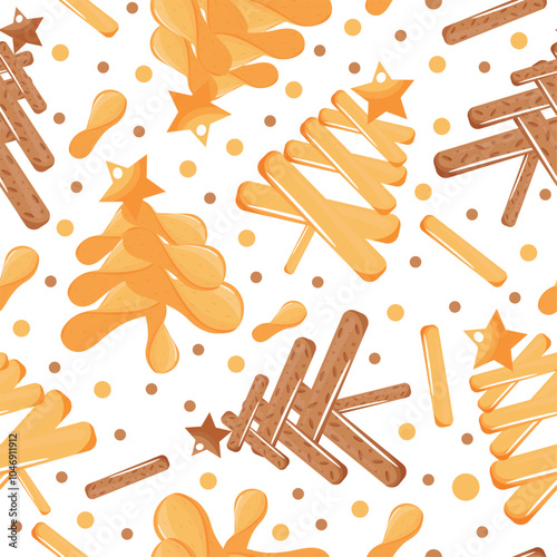 pattern with stylized Christmas trees from various sets of chips, crackers and fries and a star on top for various holiday posters or designs