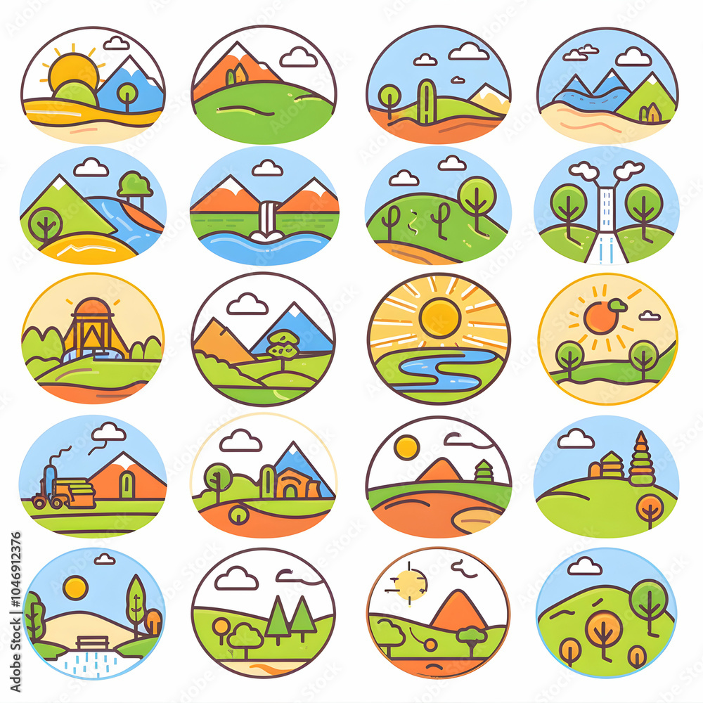 A set of 20 colorful illustrations depicting various landscapes in circular frames. A set of 20 colorful illustrations depicting various landscapes in circular frames.