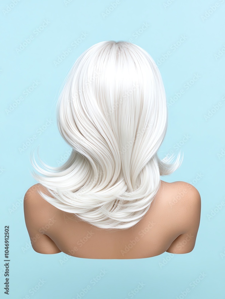 Naklejka premium Elegant back view of a person with long, flowing white hair against a light blue background, showcasing hair texture and style.