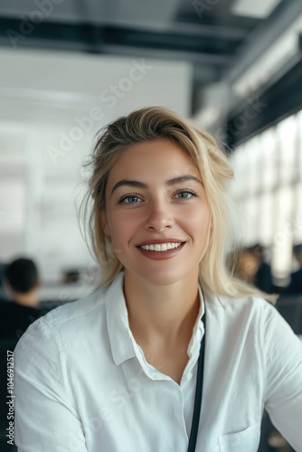 Free Download A woman with blonde hair and blue eyes is smiling and wearing a white shirt. She is sitting in front of a window - GFXLoad