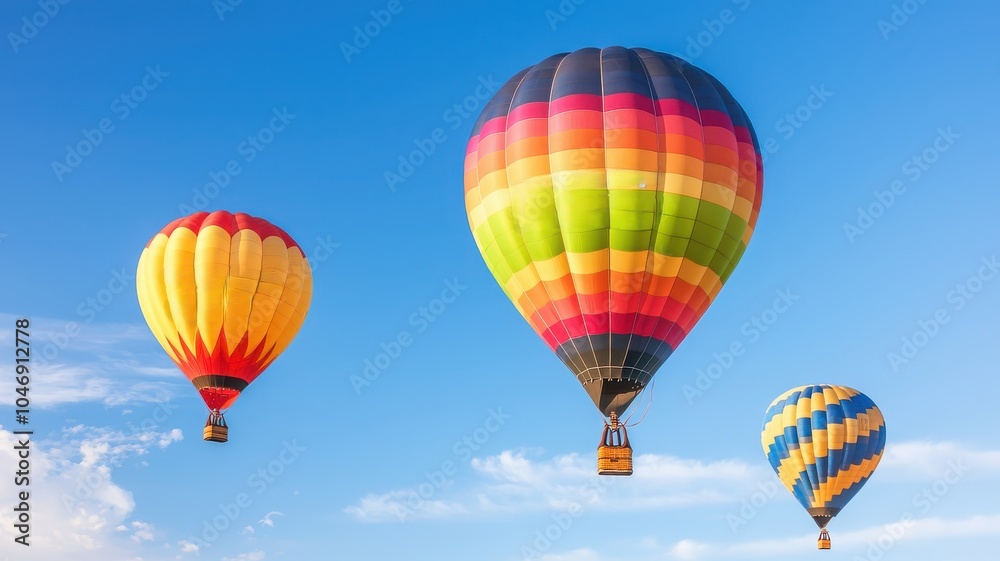 Obraz premium Colorful hot air balloons soaring against a clear blue sky.