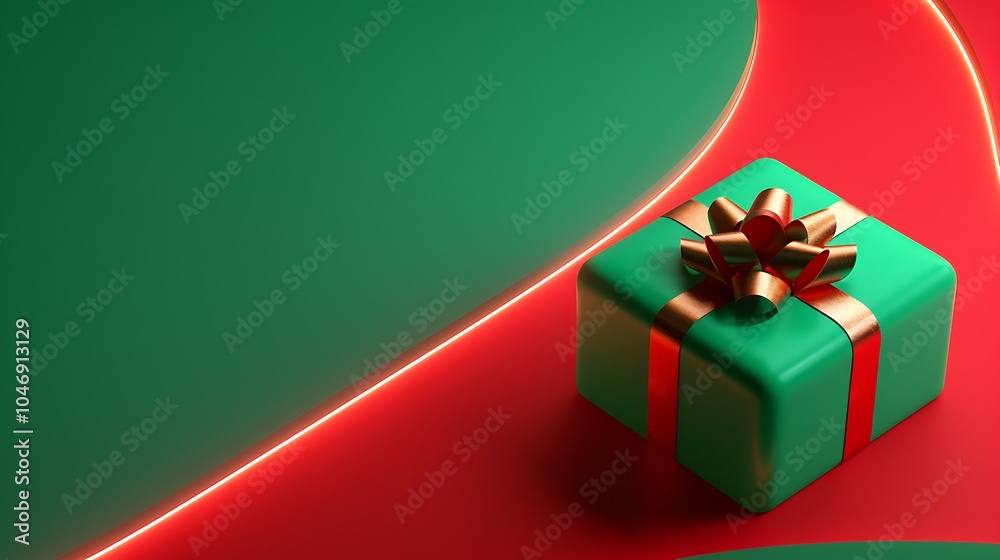 3D Green Gift Box on Red Background with Gold Ribbon. Christmas Theme. 3D Green Gift Box on Red Background with Gold Ribbon. Christmas Theme.