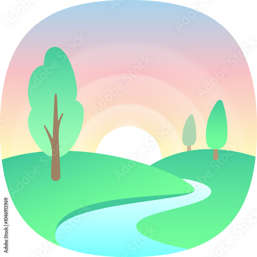 Pastel colored sunrise illuminates a tranquil landscape with stylized trees and a meandering river, creating a peaceful and idyllic scene