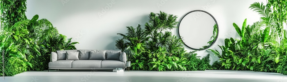 Fototapeta premium A modern living room featuring a gray sofa and lush green plants, creating a serene and refreshing indoor environment.