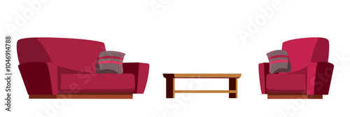 Furniture set for room interior. Living room interior collection of dark red sofa, armchair and coffee table. Stylish flat vector illustration isolated on transparent background.