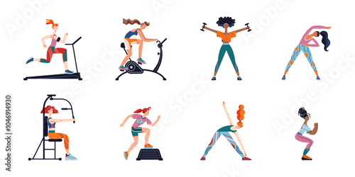 Workout exercises of woman in gym set vector illustration. Sport training exercises of girls. Cartoon active strong females on cardio workout, gymnastics, aerobics and yoga. Healthy lifestyle concept.