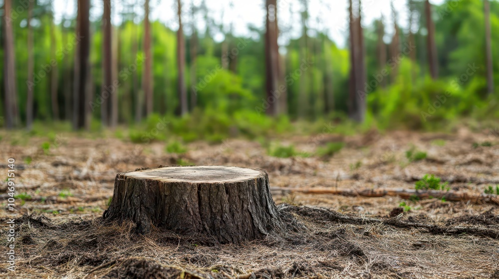 A selective focus on a single tree stump in an empty forest clearing, with blurred trees in the background A selective focus on a single tree stump in an empty forest clearing, with blurred trees in the background
