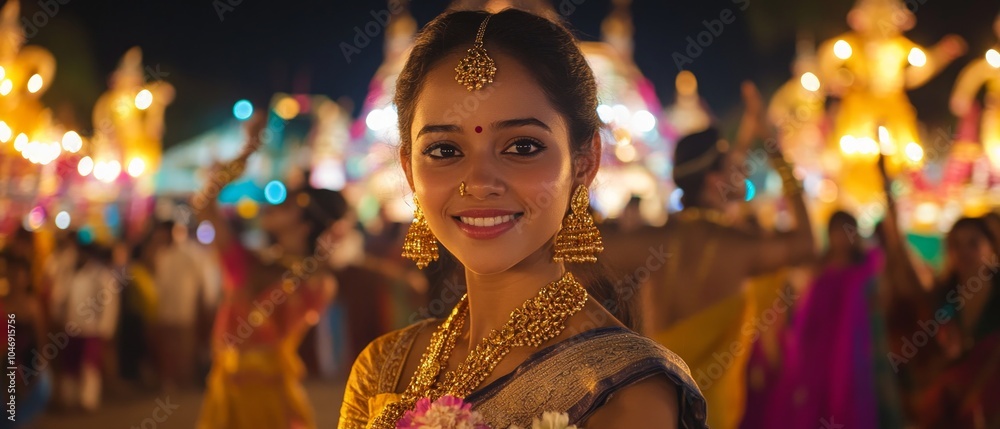 A woman adorned in traditional attire smiles while holding flowers during Diwali celebrations, surrounded by bright lights and festive decorations A woman adorned in traditional attire smiles while holding flowers during Diwali celebrations, surrounded by bright lights and festive decorations