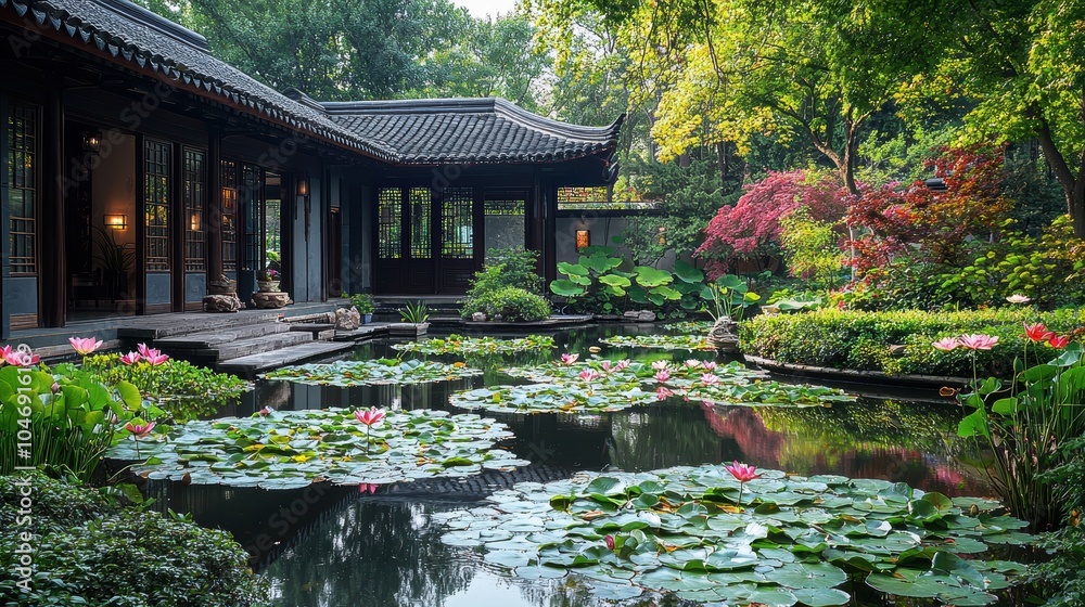 Fototapeta premium Traditional Chinese building with water lily pond.