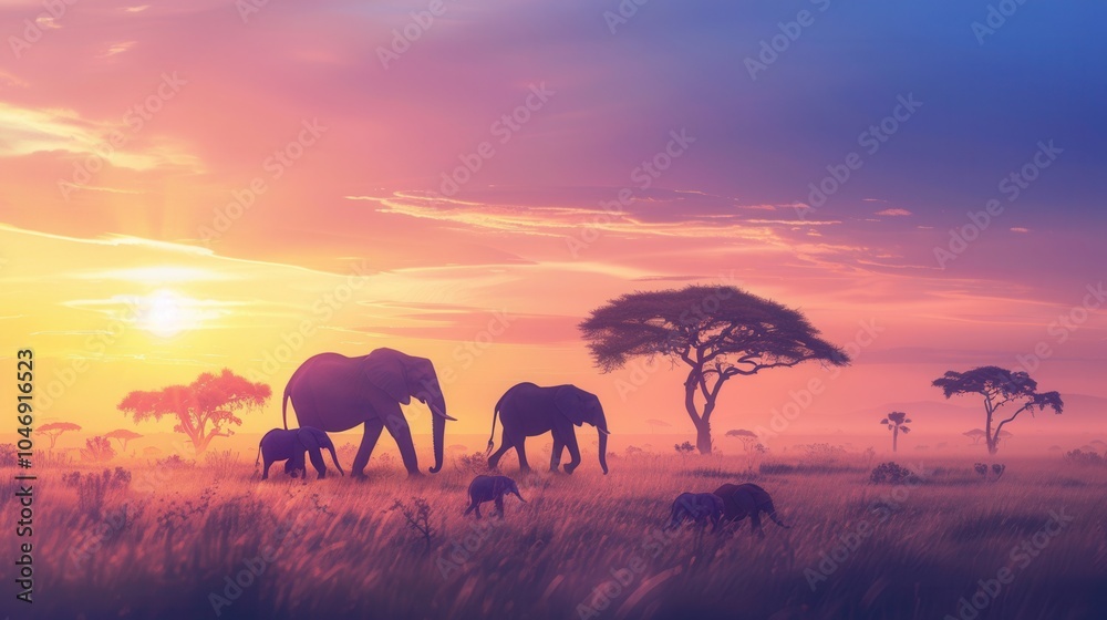 Fototapeta premium As the sun sets, a family of elephants strolls through the African savanna, surrounded by the warm glow of twilight hues. Generative AI