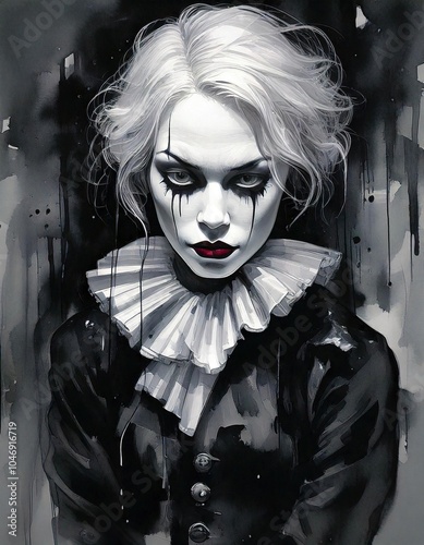 A dark gothic watercolor painting of a sad woman clown with a black and white makeup and red lips. Moody clowness horror grunge artwork.	 photo