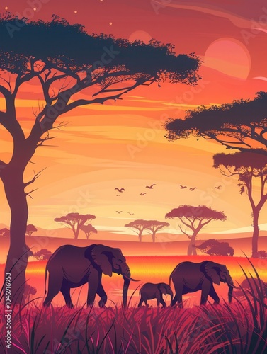 Elephants walk together across the savanna as the sun sets, creating a serene atmosphere filled with warm colors. Generative AI
