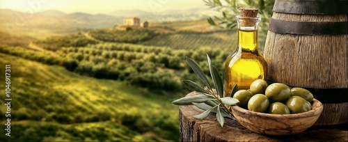 Bottle of olive oil, bowl of freshly harvested olives on wooden table, Italian landscape with copy space photo