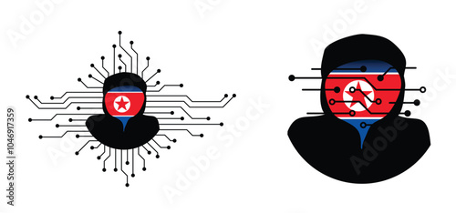 Criminals mask stealing data. Hybrid war and warfare, DDoS attack. Cyber war, North Korea conflict. Hackers, cyber crime, cyber criminals phishing steal personal or business information. Digital spies