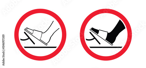 No open footwear flip flops, slippers, sandals, barefoot, toed shoes to drive. Stop do not gas pedal or brake pedal. Break with foot icon. Foot push clutch. Foot pressing the brake and clutch pedal. 