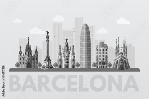 Barcelona landmarks and cityscape. Spain capital skyline background for postcard, banner, poster. Spanish world famous architectural sightseeing. Graphic flat vector illustration in white-gray colors.