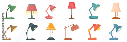 Desk lamp icon set in flat style. Spotlight vector illustration on isolated background. Light bulb sign business concept.