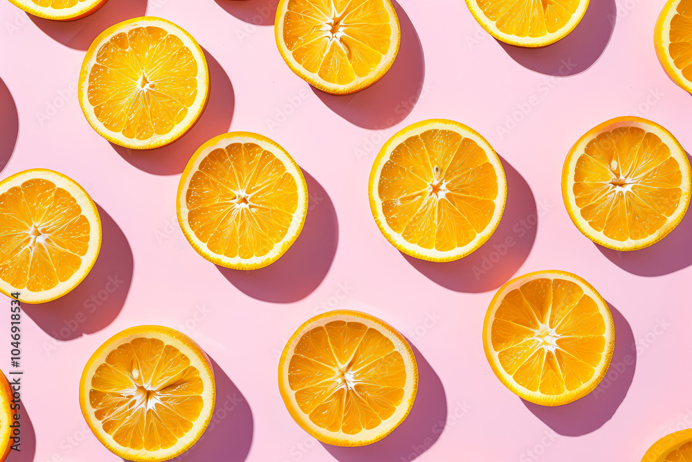 Close up of many oranges on a pink background. The oranges are sliced and arranged in a pattern