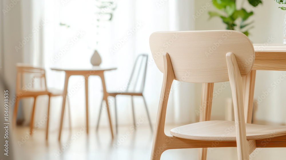 Cozy interior space featuring a wooden chair with a minimalistic design and a small table set against a bright background Cozy interior space featuring a wooden chair with a minimalistic design and a small table set against a bright background