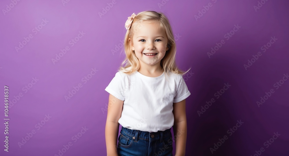 blonde kid girl purple background wearing plain white tshirt smiling happy portrait
