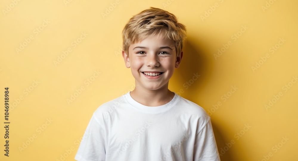 blonde teen boy yellow background wearing plain white tshirt smiling happy portrait blonde teen boy yellow background wearing plain white tshirt smiling happy portrait