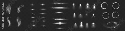 Glow isolated white transparent light effect set, glitter, line, stars, sunlight, spotlight, sparkle, swirl, vortex ray. Abstract special effect.