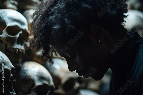 A figure is silhouetted against a backdrop of skulls, evoking themes of mortality and introspection in a dim, atmospheric setting. photo