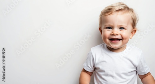 blonde toddler boy white background wearing plain white tshirt smiling happy portrait