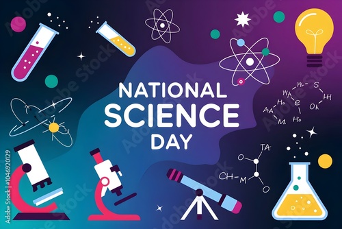 National Science Day banner with science types of equipment laboratory education learning science and astronomy