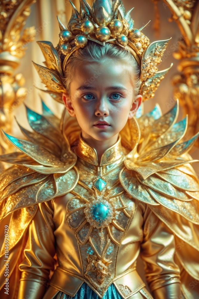 Luminous fantasy portrait in gold-turquoise royal garments Divine Radiance Celestial with crystal crown against glowing baroque background Luminous fantasy portrait in gold-turquoise royal garments Divine Radiance Celestial with crystal crown against glowing baroque background