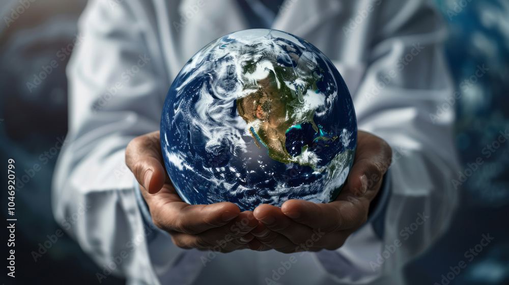 A scientist in a white coat holds the earth with both hands against a space background, in close-up, global view. A scientist in a white coat holds the earth with both hands against a space background, in close-up, global view.