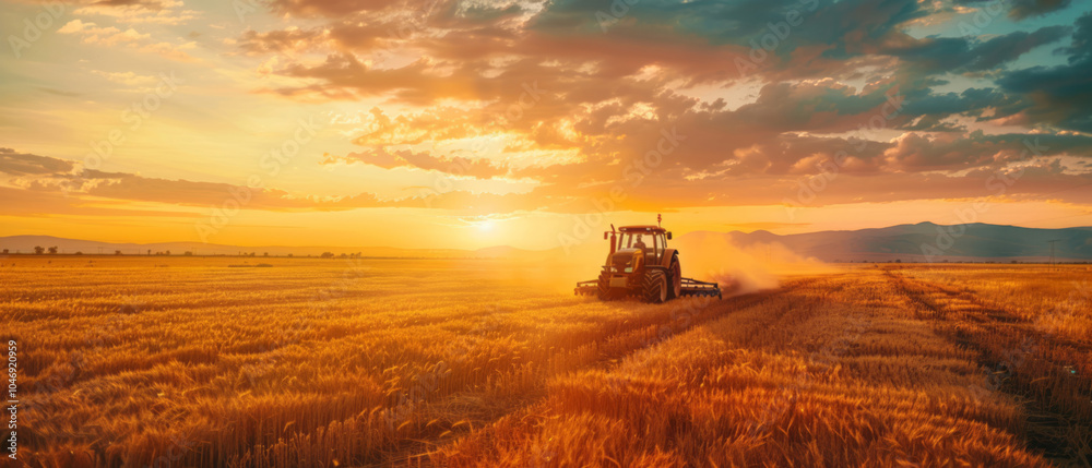 Fototapeta premium A tractor plows a field at sunset, with a meadow and golden wheat fields in the background.