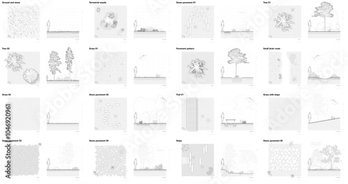 Architectural Drawings, Minimal style cad tree line drawing, Side view, plan and section forest outline symbol for landscape design drawing. Vector illustration in stroke fill in white.