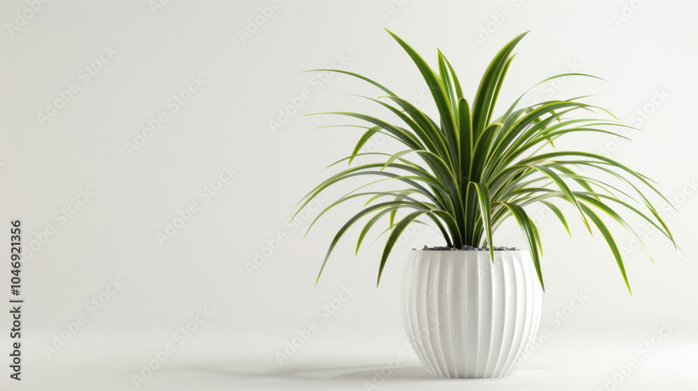A spider plant in a white pot on a pure white background, with soft shadows and diffused lighting. A spider plant in a white pot on a pure white background, with soft shadows and diffused lighting.