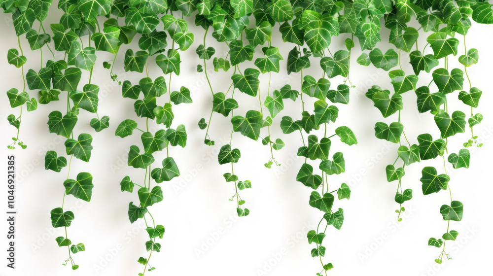 Vines with heart-shaped leaves hanging on a wall, white background, high definition. Vines with heart-shaped leaves hanging on a wall, white background, high definition.