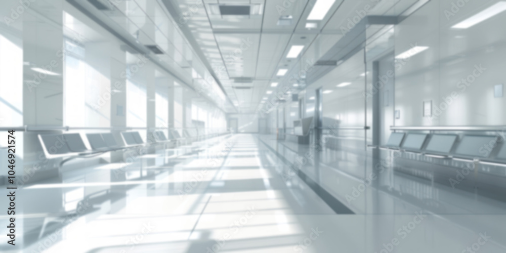 An empty hospital corridor with light accents, empty chairs, and visible medical equipment. An empty hospital corridor with light accents, empty chairs, and visible medical equipment.