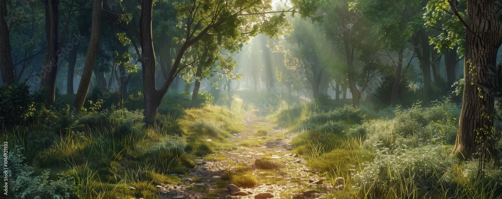 Fototapeta premium Peaceful forest path with sunlight filtering through the trees, 4K hyperrealistic photo
