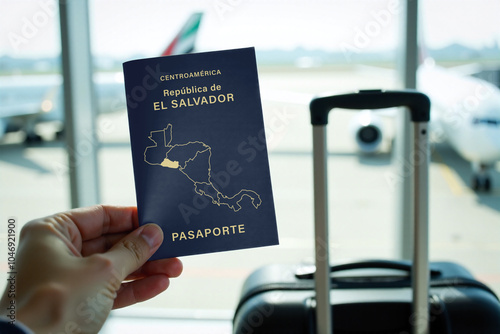 El Salvador Passport at Airport Terminal with Luggage
