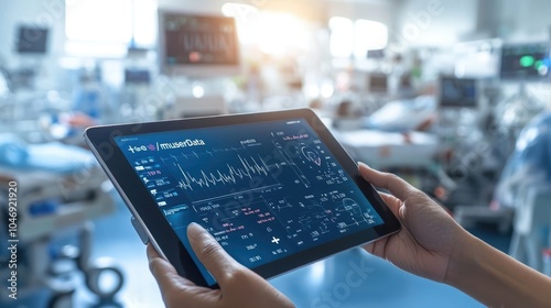 Close-Up of Hands Holding Tablet Displaying ECG Monitor with Heart Rhythm in Emergency Room